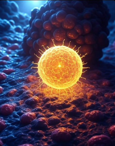 A glowing yellow sphere amidst a textured blue and purple background.