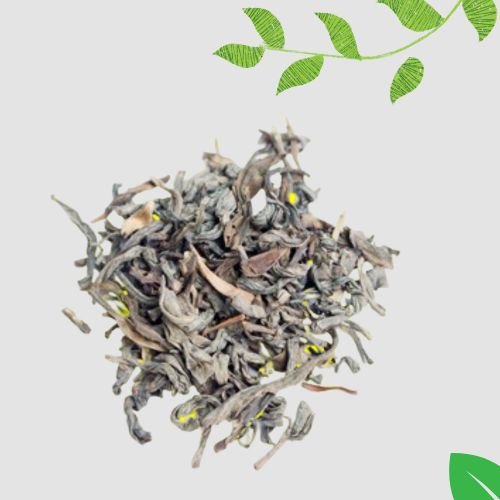 A pile of dried herbal leaves and flowers on a white background.