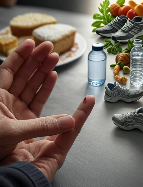 Person holding hand near vaccination supplies and syringes.