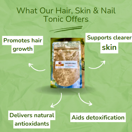 A herbal tonic promoting hair growth, clearer skin, natural antioxidants, and detoxification.