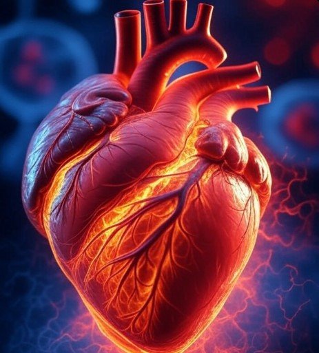 Detailed 3D illustration of a human heart with glowing veins and arteries.