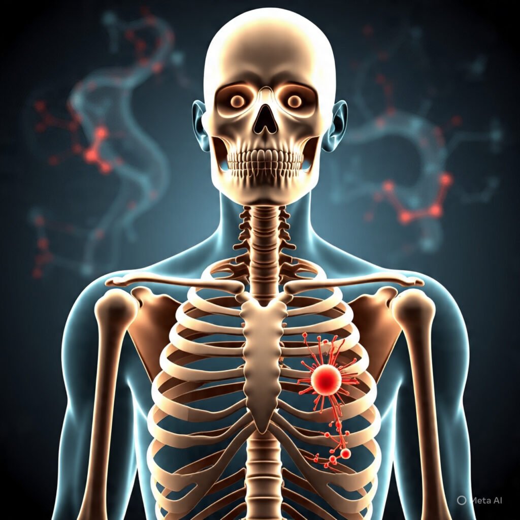 3D illustration of a human skeleton with highlighted chest area.