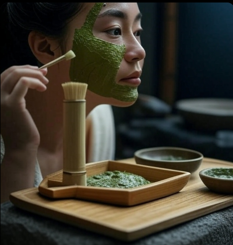 Woman applying green facial mask with spa ingredients on wooden tray.