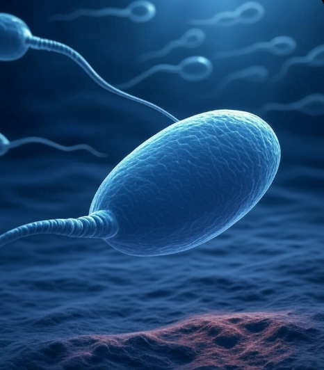 Close-up of a blue sperm cell swimming in a fluid environment.