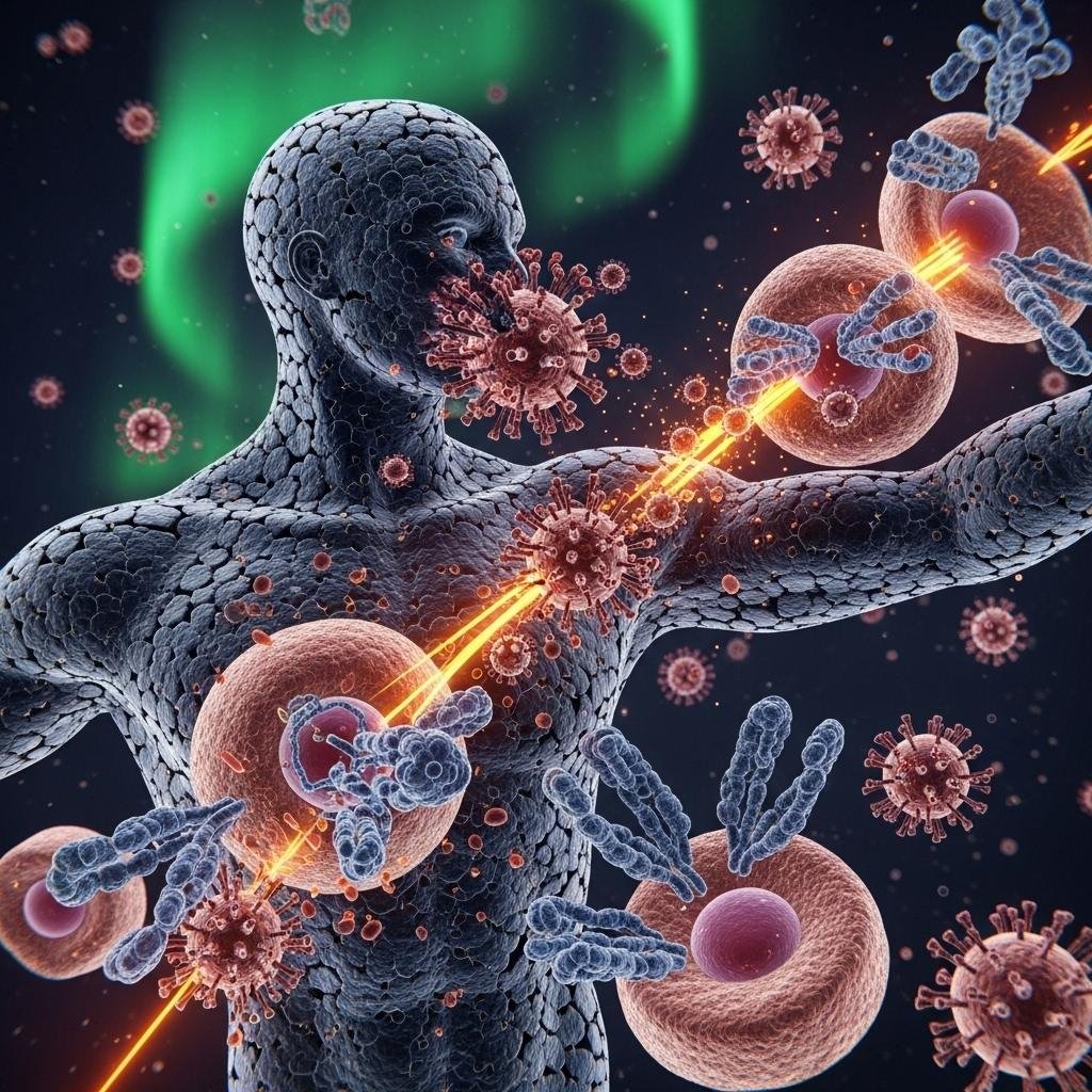 A digital illustration of the immune system fighting viruses inside the human body.