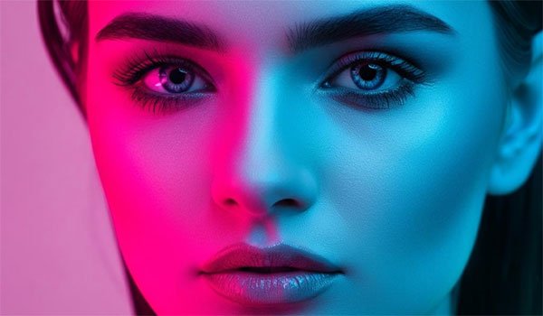 Close-up portrait of a woman with vibrant pink and blue lighting.