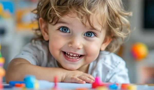Smiling toddler with bright blue eyes and curly hair.