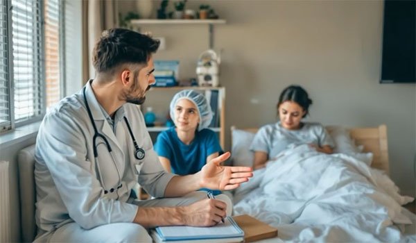 Doctor consulting a patient in a hospital room.