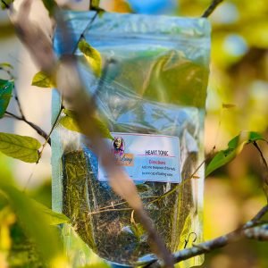 A hand holding a package of dried herbs outdoors among green leaves.