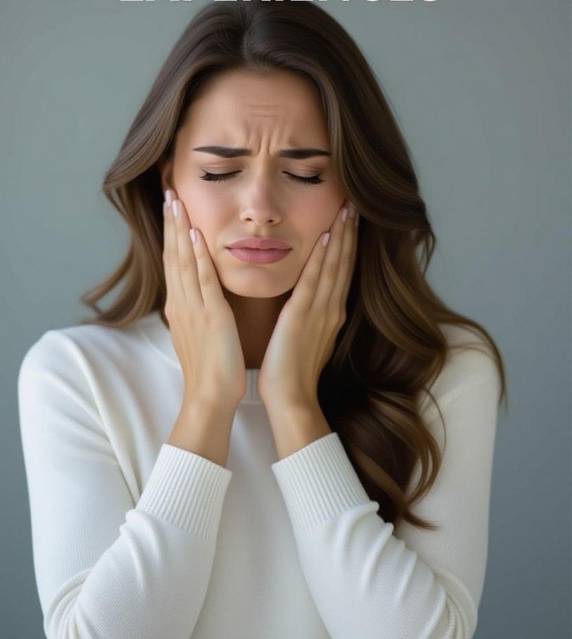 Woman holding her jaw in pain, possibly a toothache.