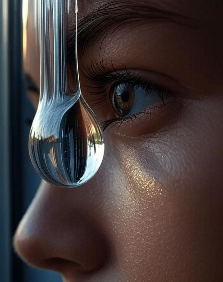 Close-up of an eye reflecting in a large water droplet.