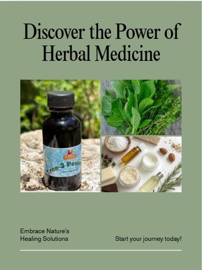 Herbal medicine bottle with natural ingredients on a green background.